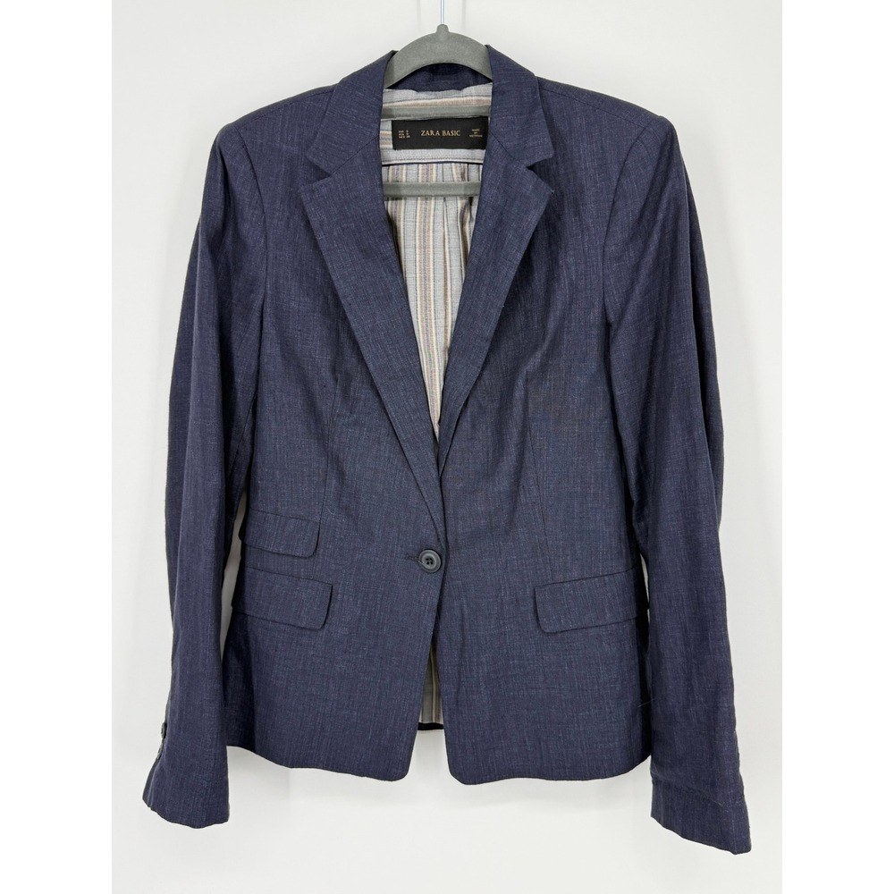 Zara Basic Blazer Womens Small Navy Blue Excellent Single Button Linen Blend‎